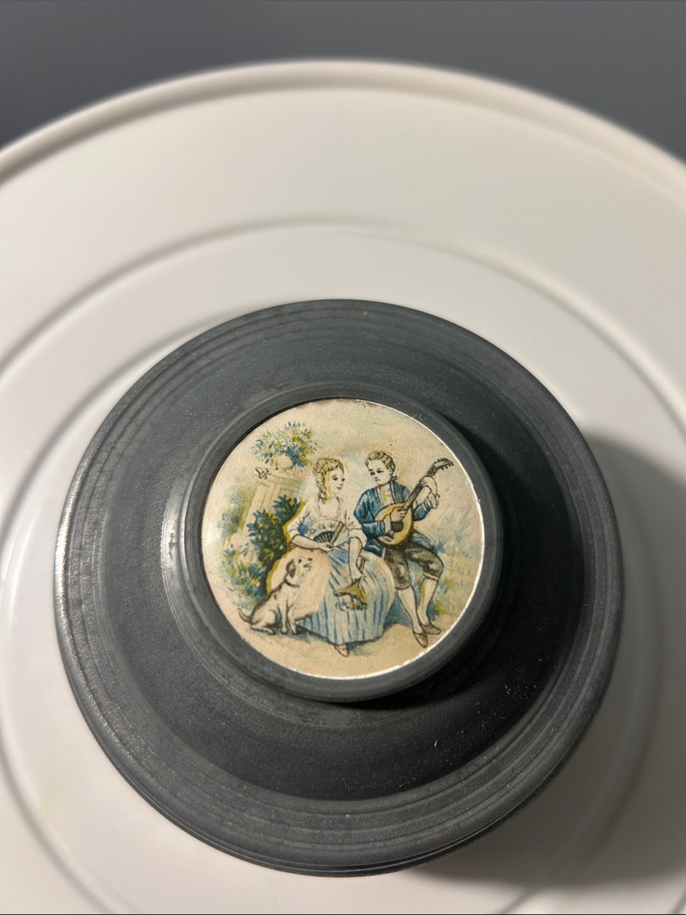 Vintage Thorens Swiss Powder Music Box
Powder Jar Vanity Box w/ Courting Couple